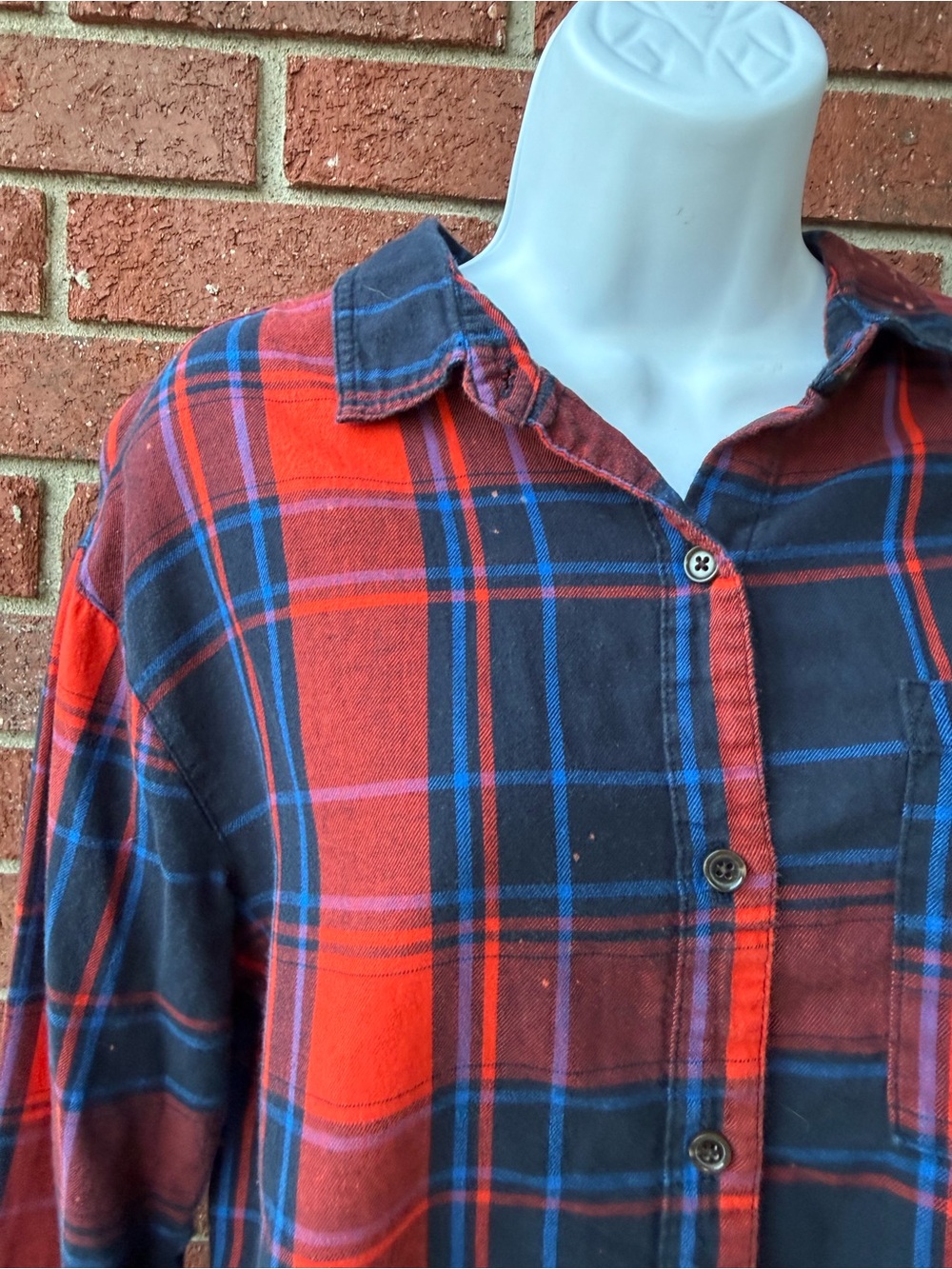Handmade - Rose - Women's Red & Navy Plaid Floral Button-Up Shirt - Picture 9 of 13